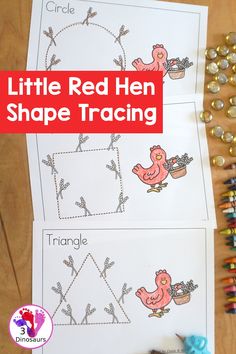 two little red hen shape matching worksheets with pencils and crayons