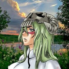 an anime character with green hair wearing a helmet and looking at the camera while standing in front of a lake