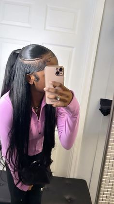 Hairstyles Black Women Half Up Half Down, 2 Curls In The Front With Ponytail, Silk Press High Ponytail, Hairstyle With Tracks, Half Up Half Down Bangs Out, 2 Ponytails Half Up Half Down Straight, Ponytails For Black Women Weave, Track Hairstyles Black Sew Ins