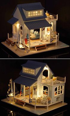 two pictures of a doll house with lights on