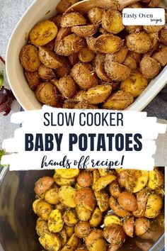 baby potatoes in a bowl with text overlay that says slow cooker baby potatoes hands off recipe