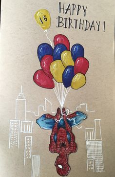 a birthday card with a spiderman holding balloons