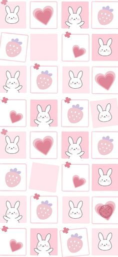 some pink and white squares with rabbits on them, one has hearts in the middle