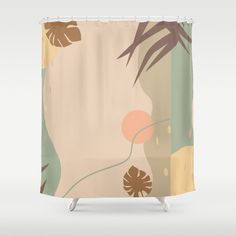 a shower curtain with an abstract design on the side and palm trees in the background