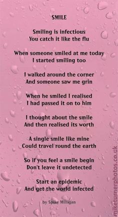 a poem written in the rain on pink paper with water droplets and words that say smile