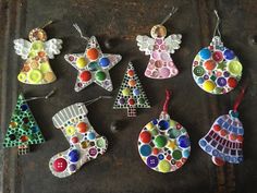 christmas ornaments made out of buttons and glass beads