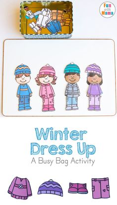 the winter dress up activity is shown in front of a box with clothes on it