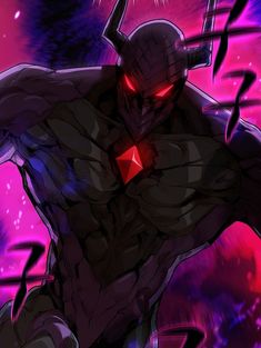 an anime character with red eyes and black body, standing in front of purple background