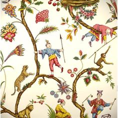 the wallpaper is decorated with animals and birds on it's sides, including an apple tree