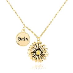 PRICES MAY VARY. 🌻GOLD SUNFLOWER PENDANT NECKLACE🌻This sunflower pendant necklace combines unique vintage design with exquisite craftsmanship, making it a standout fashion accessory. The lifelike sunflower pendant, adorned with a yellow cubic zirconia at its center, resembles a blooming sunflower, emitting warm radiance. The black powder coated process gives the pendant a retro charm, while the disc coin engraved with "sunshine" hanging beside it adds a touch of chic elegance. 🌻VINTAGE SUN FL Adjustable Gold Sunflower Jewelry, Adjustable Gold Jewelry With Sunflower Design, Adjustable Gold Flower Necklace, Gold Sunflower Design Necklace, Gold Nickel-free Flower Pendant Necklace, Anniversary Gold Jewelry With Sunflower Design, Blooming Sunflower, Sunflower Pendant, Sunflower Necklace