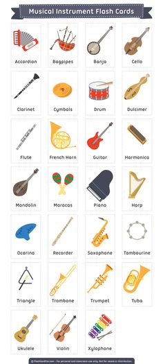 the musical instrument flash cards are shown in this image, with different instruments and their names