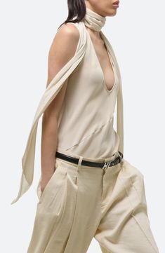 Whether styled with the billowy scarf or left as-is, this sleeveless top with a plunging neckline is sure to stun. Top is 28" length (size Medium) Scarf is 95" x 8" Includes top and scarf Top has plunge neck; sleeveless Lined scarf 100% silk Dry clean Imported London Chic, Top With Scarf, Plunging Neckline Top, Scarf Blouse, Silk Clothes, Silk Neck Scarf, Silk Tops, Daily Outfit Inspiration, Knit Blouse