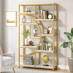 a living room filled with furniture and a book shelf next to a chair in front of a window