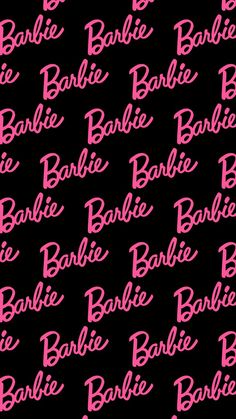 the word barbie is written in pink on a black background with white and pink letters