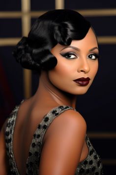 A bob hairstyle inspired by the flapper era brings an vintage vibe. It’s perfect for women seeking a classy hairstyle as the finger waves add a luxurious touch. Click here to check out more stunning short hairstyles for black women. Harlem Nights Hairstyles Black Women, Vintage Hair Black Women, Roaring 20s Black Women, 1920s Hair Black Women, 50s Fashion Black Women, 50s Womens Hairstyles, 1920s Black Hairstyles, 50s Black Women