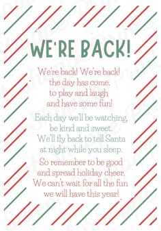 a christmas card with the words we're back on it in red, green and white