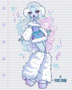 a drawing of a monster girl with pink hair and white fur on her head, in front of lined paper