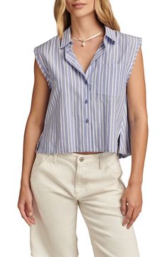 Whether worn alone or as part of a layered look, this button-front sleeveless top is a sophisticated closet staple. Front button closure Spread collar Sleeveless Chest patch pocket 100% cotton Machine wash, tumble dry Imported Everyday Sleeveless Tops With Buttons, Sleeveless Tops With Buttons For Everyday, Chic Button-up Cotton Tank Top, Chic Cotton Button-up Tank Top, Layered Look, Blue Stripes, Patch Pocket, Lucky Brand, Sleeveless Top