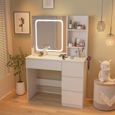 a white desk with a mirror and lights on it