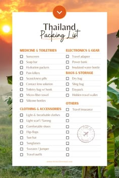 the thailand packing list is shown in front of a field with trees and sunflowers