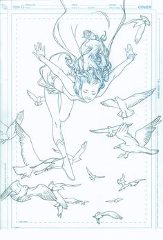 a drawing of a girl flying through the air surrounded by birds and seagulls