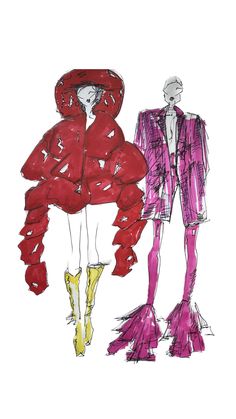 two women's fashions, one in pink and the other in red with yellow boots