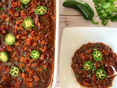 two plates with chili and jalapenos on them next to a casserole dish