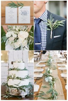 a collage of photos with flowers and greenery on the table, including a wedding cake