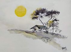 a painting of a house on a hill with the sun in the sky behind it