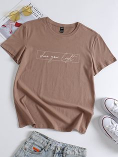 Mocha Brown Casual  Short Sleeve Cotton Slogan  Embellished Slight Stretch Summer Women Tops, Blouses & Tee Christian Fashion, Fabric Letters, Khaki Fashion, Wave Print, Round Neck Tees, Green Fashion, Fashion Online Shop, Mocha, Womens Tees