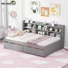 a child's bedroom with a bookcase bed and pink rug on the floor