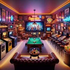 Welcome to the ultimate man cave with a huge flatscreen TV, gaming console, well-stocked bar, pool table, and retro arcade games. Enjoy a refreshing drink from the mini fridge, aim for a bullseye on the dartboard, and surround yourself with movie posters and band memorabilia. #ManCave #HomeEntertainment #Gaming #HomeBar #ArcadeGames #SportsRoom Darts Room, Gamer Room Design, Bar Pool Table, Garage Game Rooms, Arcade Bar, Ultimate Man Cave, Retro Arcade Games