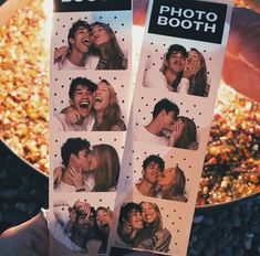 two people are holding up some photos in front of a bowl full of food and rice