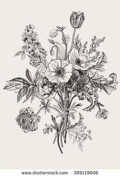 a bouquet of flowers in black and white on a light background, vintage engraving style