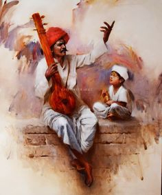 an oil painting of a man playing the guitar with a child sitting next to him