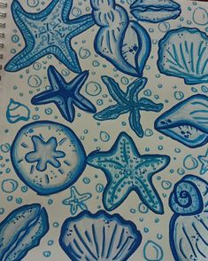 a drawing of sea shells and starfish