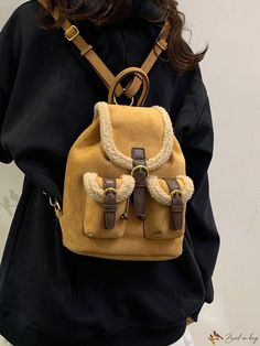 Bird in Bag - Stylish Suede Plush Womens Backpack with Drawstring - Brown Color, Perfect for Shopping, School, and On-the-Go - Compact and Trendy Design Winter Backpack For Daily Use, Winter School Backpack, Brown Pattern, Bird In Bag, Womens Backpack, Drawstring Backpack, Brown Color, Pu Leather, Backpacks