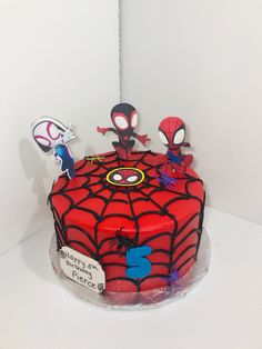 a spiderman birthday cake on a white table