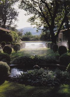 a pond surrounded by bushes and trees in the middle of a park with water spouting from it