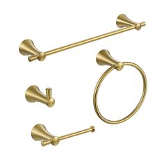 an image of a gold bathroom set with two towel rings and three toilet paper holders