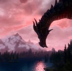 a dragon flying over a body of water under a cloudy sky with mountains in the background