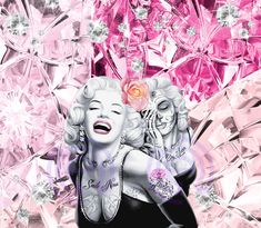 a painting of marilyn monroe holding a rose in front of pink and silver crystals with the word love written on it