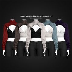 four women's turtle neck sweaters are shown in different colors and sizes, all with long sleeves