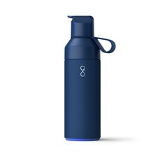 thermos bottle in blue is shown on a white background