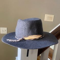 New And Never Worn. Grey Felt Rancher Hat Trimmed With Gold Feather. Purchased At An Anthropologie And Free People Sample Sale. Knit Pom Pom Hat, Floral Bucket Hat, Straw Bucket Hat, Floppy Straw Hat, Cabbie Hat, Rancher Hat, Floral Hat, Anthropologie Accessories, Cashmere Beanie