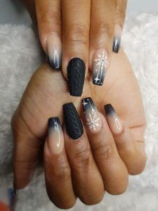 17 Creative Fall Nail Art Ideas for 2023 - thepinkgoose.com Fall Ombre Nails Ideas Acrylic, Black Sweater Nails, Black Ombre Acrylic Nails, Holiday Ombre Nails, Ombre Black Nails, Ombre Winter Nails, Christmas Ombre Nails Winter, Winter Ombre Nails, Trendy Nails Ombre