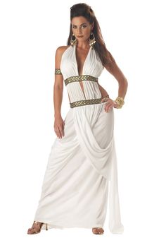 PRICES MAY VARY. Size: Small 100% polyester interlock knit fabric Backless white halter-style dress is trimmed with wide metallic-gold-embroidered black ribbon Ribbon band just below the bustline which continues with ties around the back Plunging halter neckline fastens with self-fabric ties behind the neck Spartan Costume, Ancient Greek Costumes, Greek Outfit, Spartan Women, Toga Costume, Roman Costume, Greek Costume, California Costumes, Halter Style Dress