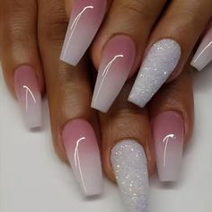 24pcs Sparkle Pink White Ombre False Nail Long Coffin Press on Nails Nail Art | eBay Pink Sparkly Nails, Ongles Beiges, Nagel Tips, Polish Ideas, Coffin Press On Nails, Fake Nails With Glue, Striped Nails, Nail Beauty, Metallic Nails