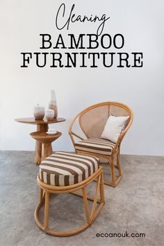 a chair and table in front of a wall with the words hanging bamboo furniture on it