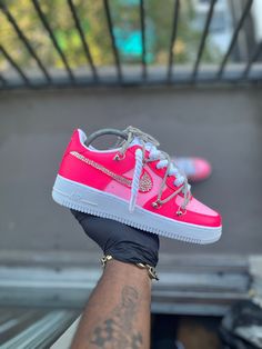 Custom Hot pink Air force 1s - Kiaun's Customs LLC Pink Customized Air Force 1, Baddie Shoes Sneakers Nike, Pink Rope Laces Af1, Nike Air Tennis Shoes, Pink Lv Air Force 1, Fuschia Sneakers Outfit, Air Force 1 Charms, Cute Birthday Shoes, Hot Pink Air Force 1